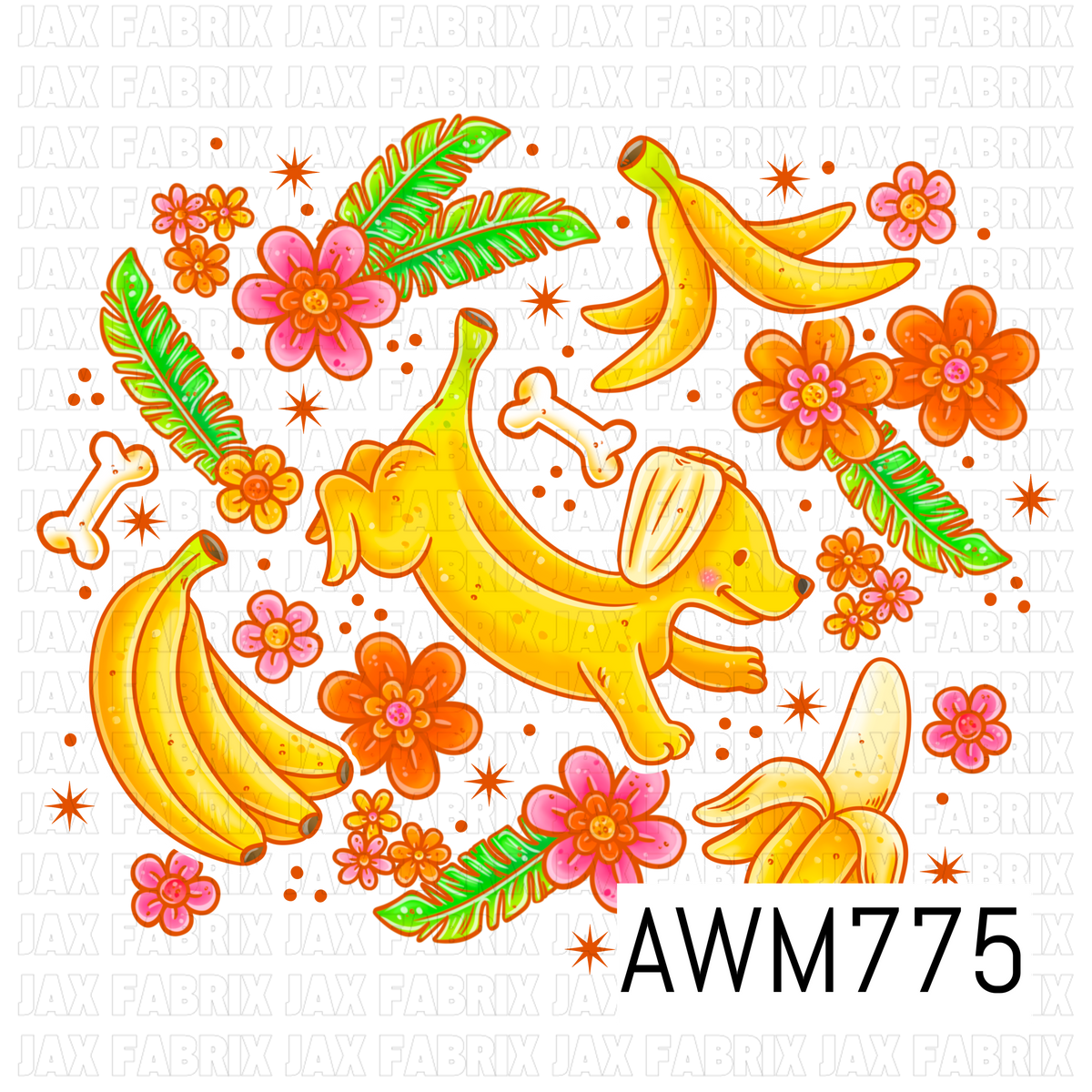A whimsical PNG featuring an adorable banana-shaped dachshund surrounded by peeled bananas, tropical palm leaves, dog bones, bright retro flowers, and scattered starbursts. Bold golden yellows, vibrant pinks, and lively oranges create a playful tropical design with a fun vintage-inspired aesthetic.
