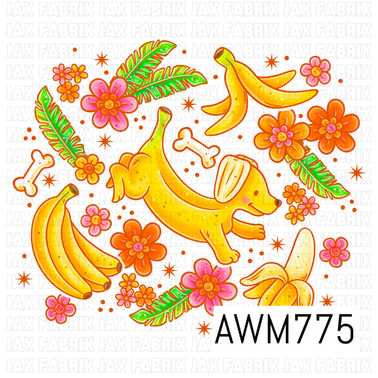A whimsical PNG featuring an adorable banana-shaped dachshund surrounded by peeled bananas, tropical palm leaves, dog bones, bright retro flowers, and scattered starbursts. Bold golden yellows, vibrant pinks, and lively oranges create a playful tropical design with a fun vintage-inspired aesthetic.