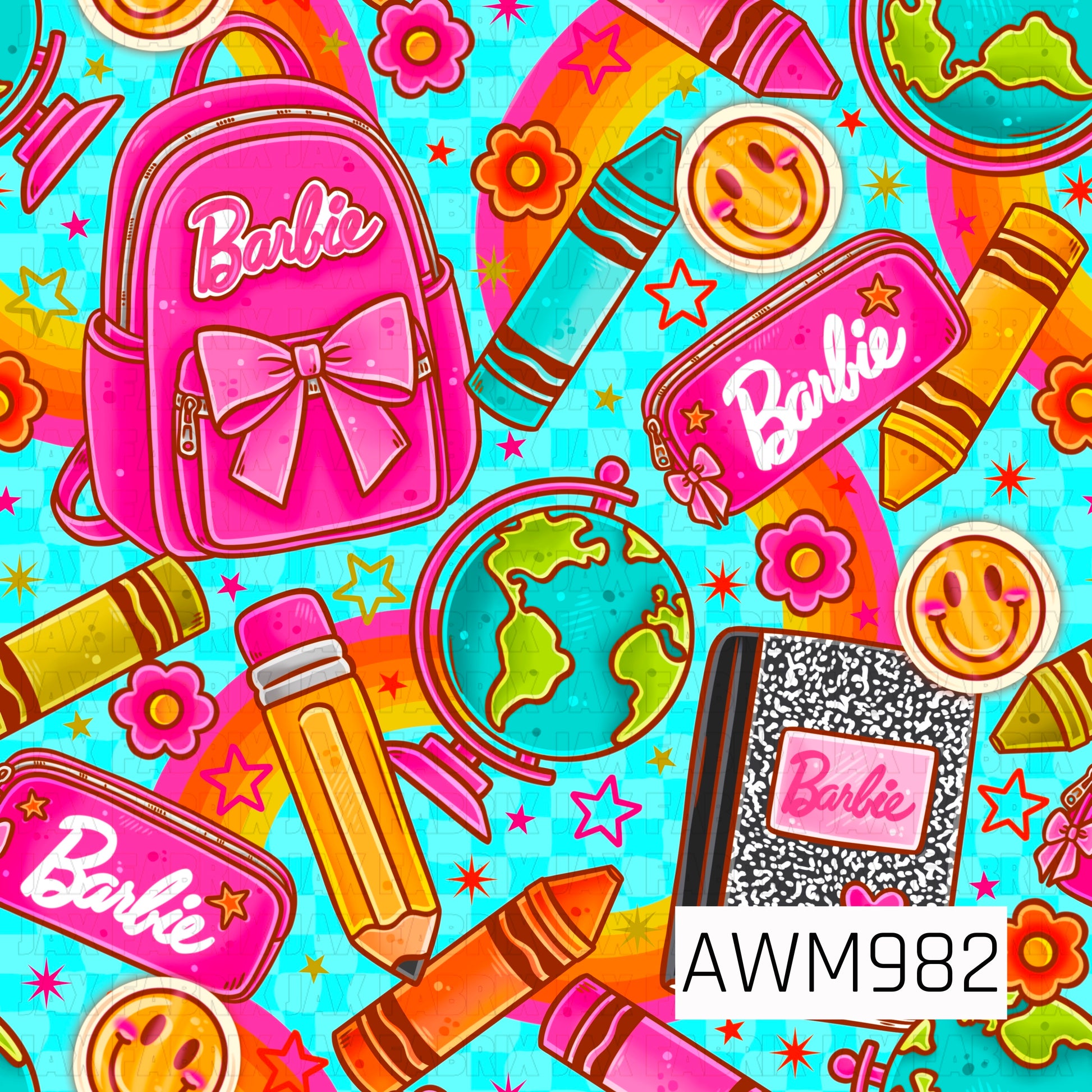 Bright and colorful back-to-school design featuring doll inspired school essentials in a bold pink, turquoise blue, orange, and yellow color palette. Accented with rainbow details, hot pink flowers, smiley faces, and colorful stars for a fun, retro school-day look. Perfect for school-themed bows, accessories, apparel, and crafts.
