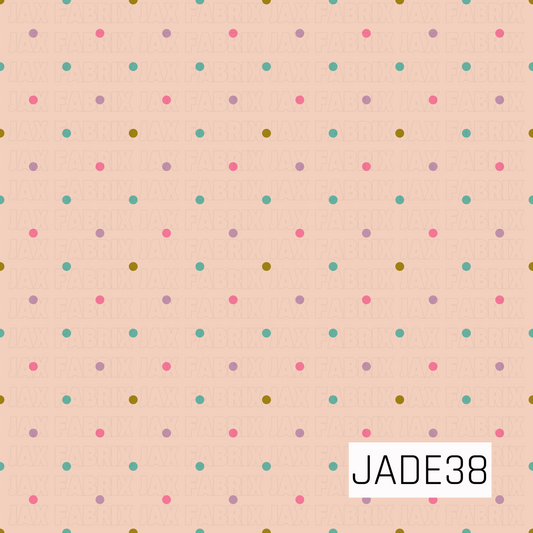 A simple scattered polka dot pattern featuring teal, pink, lavender, and mustard dots on a soft peach background. This playful coordinate adds a fun pop of color while complementing a wide variety of whimsical and seasonal designs.
