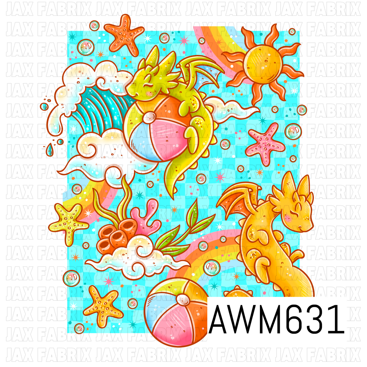 A bright playful PNG design featuring adorable dragons enjoying a colorful beach day with rolling ocean waves, beach balls, starfish, coral and bubbles. Sunny orange, yellow, pink and aqua tones create a cheerful tropical summer feel.