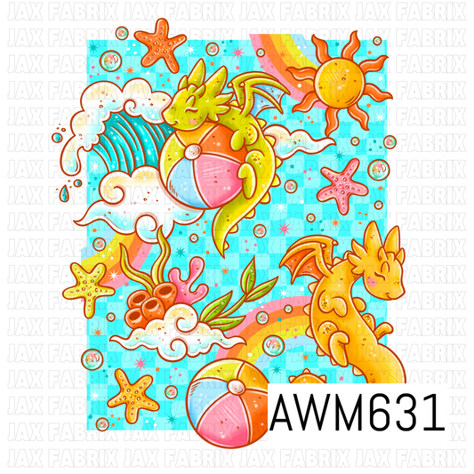 A bright playful PNG design featuring adorable dragons enjoying a colorful beach day with rolling ocean waves, beach balls, starfish, coral and bubbles. Sunny orange, yellow, pink and aqua tones create a cheerful tropical summer feel.