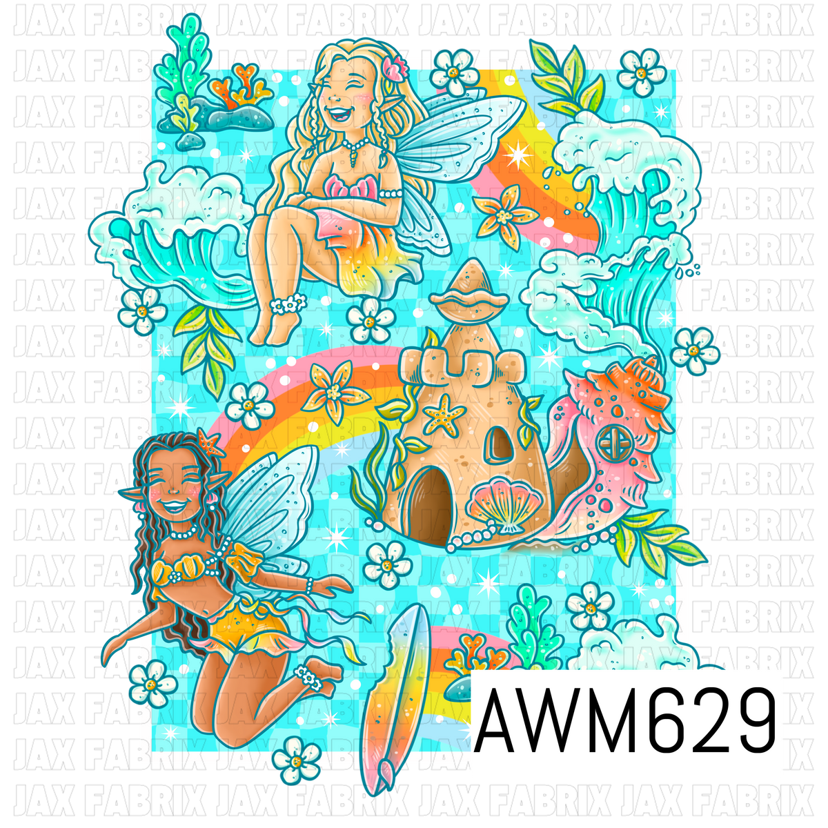 A whimsical tropical PNG featuring two colorful fairies surrounded by ocean waves, rainbows, a sandcastle, surfboard, florals, seashells, and playful seaside details. Bright aqua, coral, orange, and yellow tones give it a cheerful beachy fantasy feel. Great for shirts, tumblers, stickers, bags, signs, and other summer craft projects.
