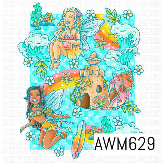 A whimsical tropical PNG featuring two colorful fairies surrounded by ocean waves, rainbows, a sandcastle, surfboard, florals, seashells, and playful seaside details. Bright aqua, coral, orange, and yellow tones give it a cheerful beachy fantasy feel. Great for shirts, tumblers, stickers, bags, signs, and other summer craft projects.