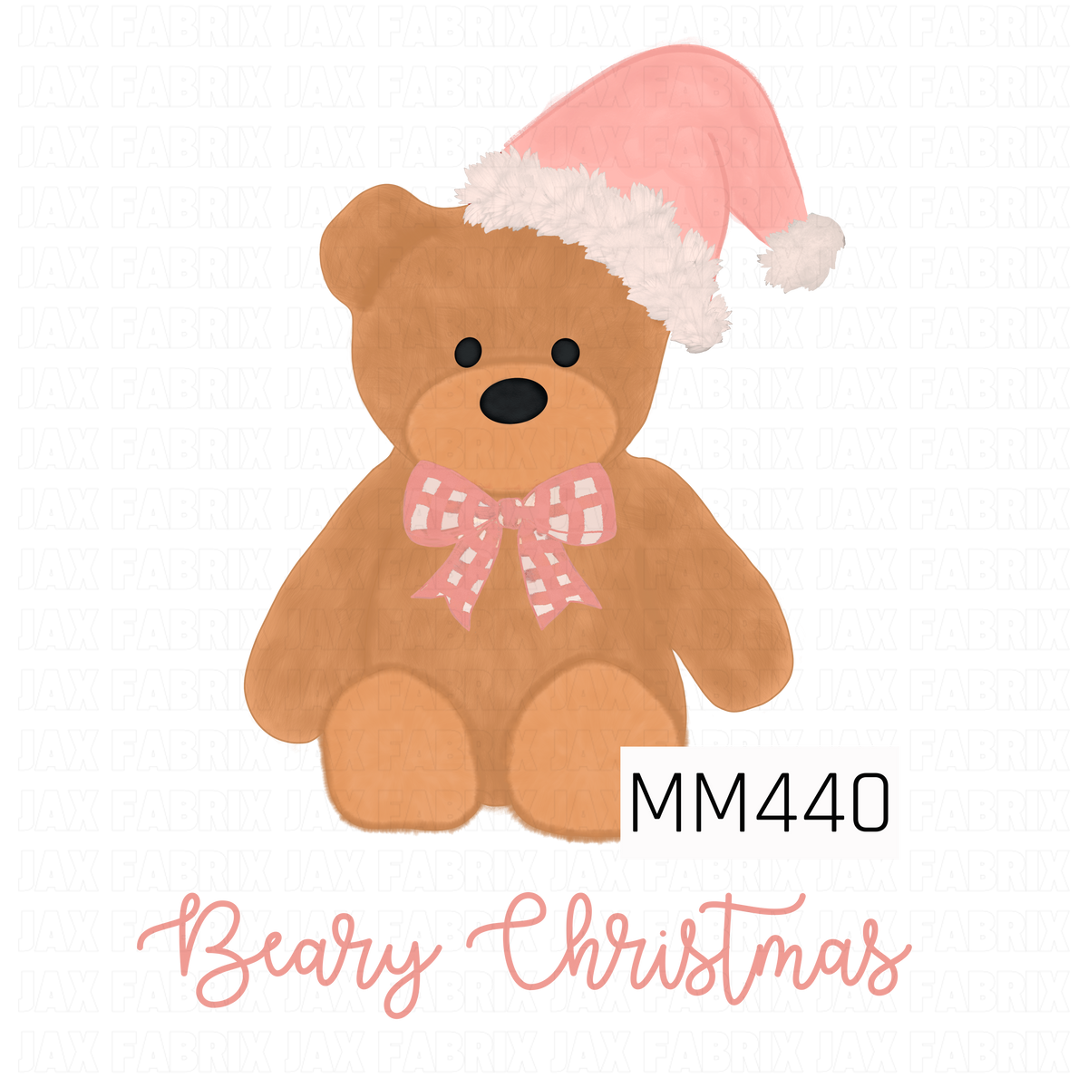 A sweet Christmas PNG featuring a cuddly brown teddy bear wearing a soft pink Santa hat with fluffy white trim and a pink gingham bow. The phrase “Beary Christmas” is written underneath in coordinating pink script for a playful holiday touch.
