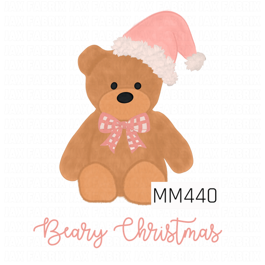 A sweet Christmas PNG featuring a cuddly brown teddy bear wearing a soft pink Santa hat with fluffy white trim and a pink gingham bow. The phrase “Beary Christmas” is written underneath in coordinating pink script for a playful holiday touch.
