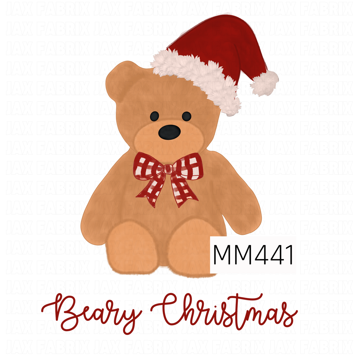 A sweet Christmas PNG featuring a cuddly brown teddy bear wearing a classic red Santa hat with fluffy white trim and a red gingham bow. The phrase “Beary Christmas” is written underneath in coordinating red script for a playful, classic holiday look.
