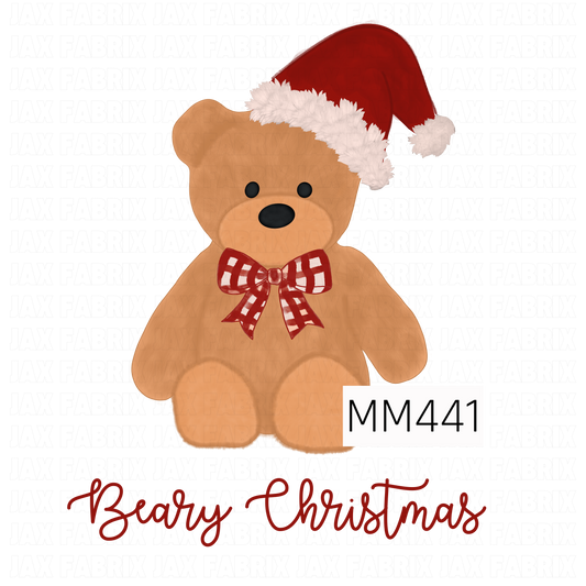 A sweet Christmas PNG featuring a cuddly brown teddy bear wearing a classic red Santa hat with fluffy white trim and a red gingham bow. The phrase “Beary Christmas” is written underneath in coordinating red script for a playful, classic holiday look.
