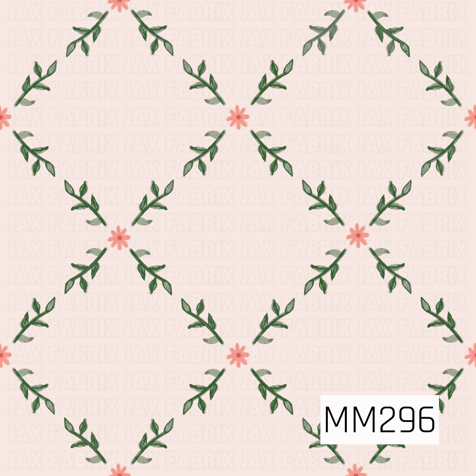 A delicate botanical print featuring soft green vines arranged in a repeating diamond pattern, accented with tiny blush pink flowers. Set on a warm cream background, the design has a timeless vintage charm with a light, airy feel and elegant garden-inspired styling.
