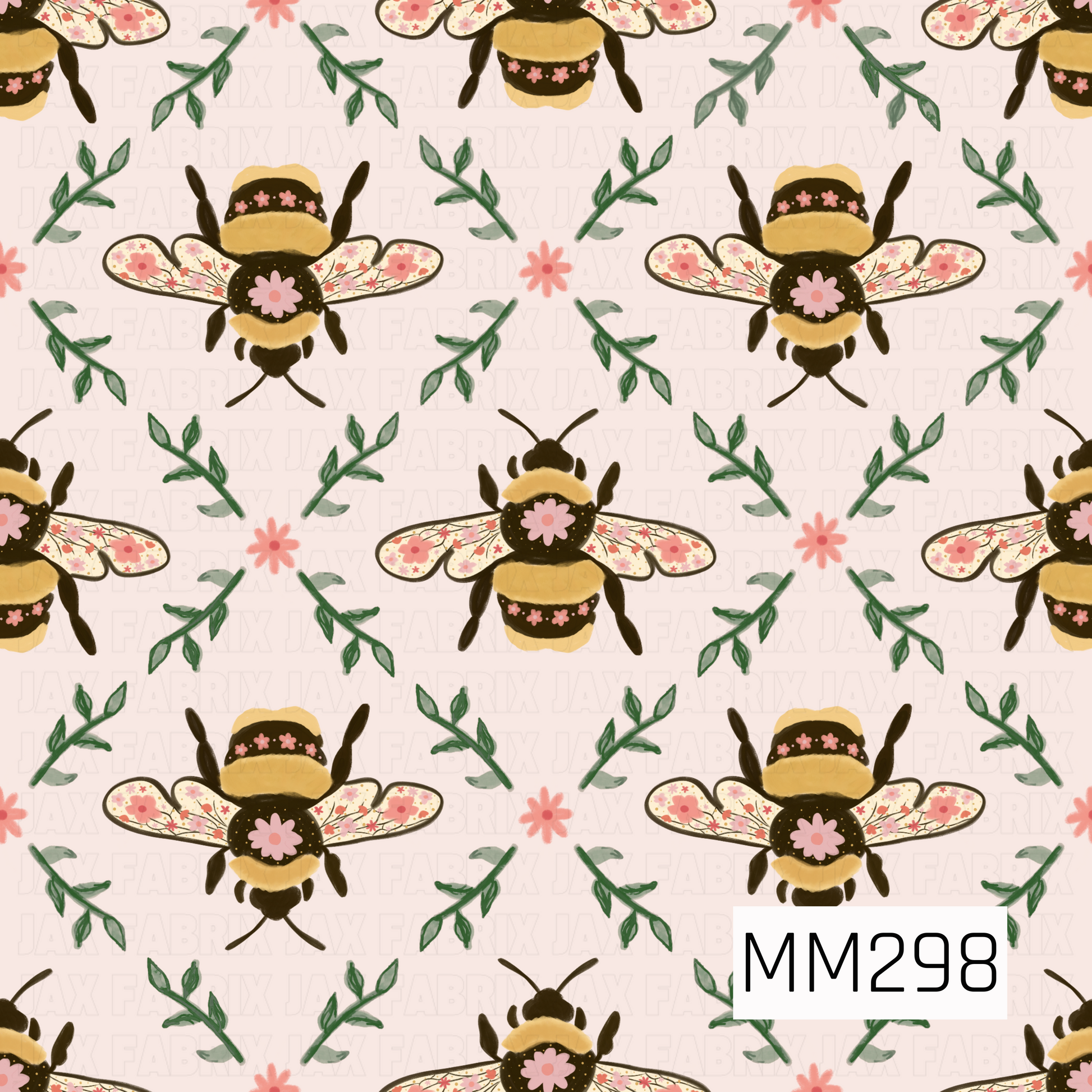 A vintage-inspired bee pattern featuring golden yellow and black bumblebees with blush pink floral accents. The bees are surrounded by sage green leafy sprigs and soft pink flowers on a light cream background, arranged in a repeating diamond layout for a delicate cottage garden look.
