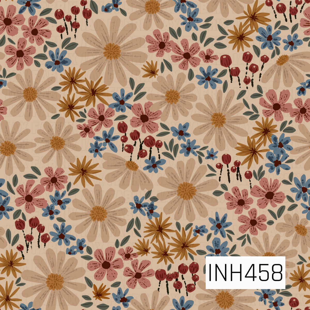 A charming vintage-inspired floral pattern featuring oversized beige daisies with golden mustard centers, dusty pink blossoms, small muted blue flowers, and warm rust-colored starburst blooms. Scattered burgundy berry clusters and soft sage green leaves fill the spaces between the flowers. The warm tan background and earthy, muted color palette give the design a cozy, retro boho feel.