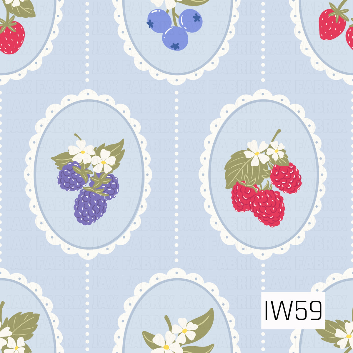 A sweet vintage-inspired berry pattern featuring delicate oval frames with scalloped white lace edges against a soft powder blue background. Each frame showcases colorful strawberries, blueberries, and raspberries in shades of pink, red, and purple, accented with dainty white flowers, yellow centers, and muted olive green leaves. Vertical rows of tiny white dots separate the frames, creating a charming, feminine cottagecore look.