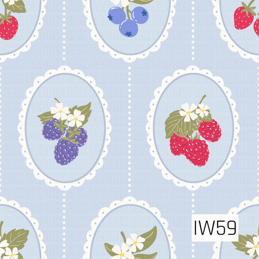 A sweet vintage-inspired berry pattern featuring delicate oval frames with scalloped white lace edges against a soft powder blue background. Each frame showcases colorful strawberries, blueberries, and raspberries in shades of pink, red, and purple, accented with dainty white flowers, yellow centers, and muted olive green leaves. Vertical rows of tiny white dots separate the frames, creating a charming, feminine cottagecore look.