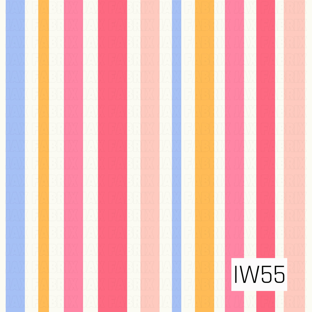 A bright and playful vertical stripe pattern featuring alternating bands of soft periwinkle blue, golden yellow, bubblegum pink, vibrant coral pink, and pale peach. The stripes vary in width and are separated by a warm cream background, creating a cheerful, retro-inspired design with a sweet, colorful feel.