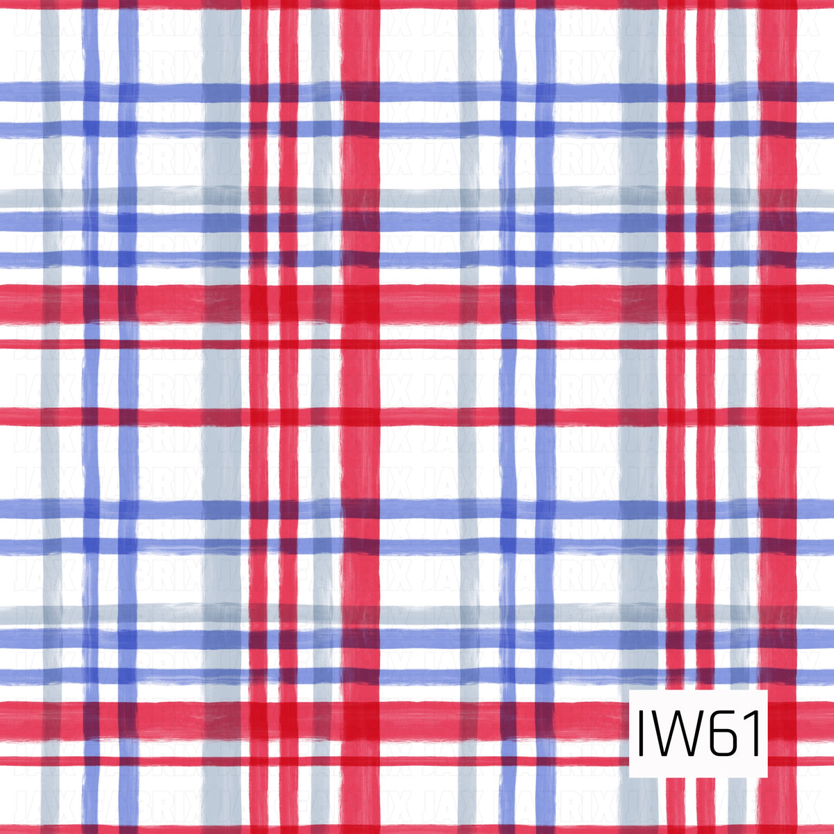 A classic plaid pattern featuring intersecting horizontal and vertical stripes in vibrant red, periwinkle blue, and soft dusty blue against a crisp white background. The stripes vary in thickness, with subtle overlapping colors and softly textured, hand-painted brushstroke edges that give the design a charming watercolor-inspired look.