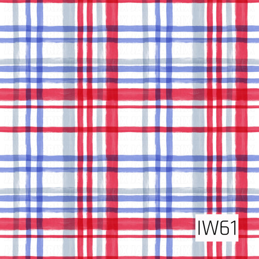 A classic plaid pattern featuring intersecting horizontal and vertical stripes in vibrant red, periwinkle blue, and soft dusty blue against a crisp white background. The stripes vary in thickness, with subtle overlapping colors and softly textured, hand-painted brushstroke edges that give the design a charming watercolor-inspired look.