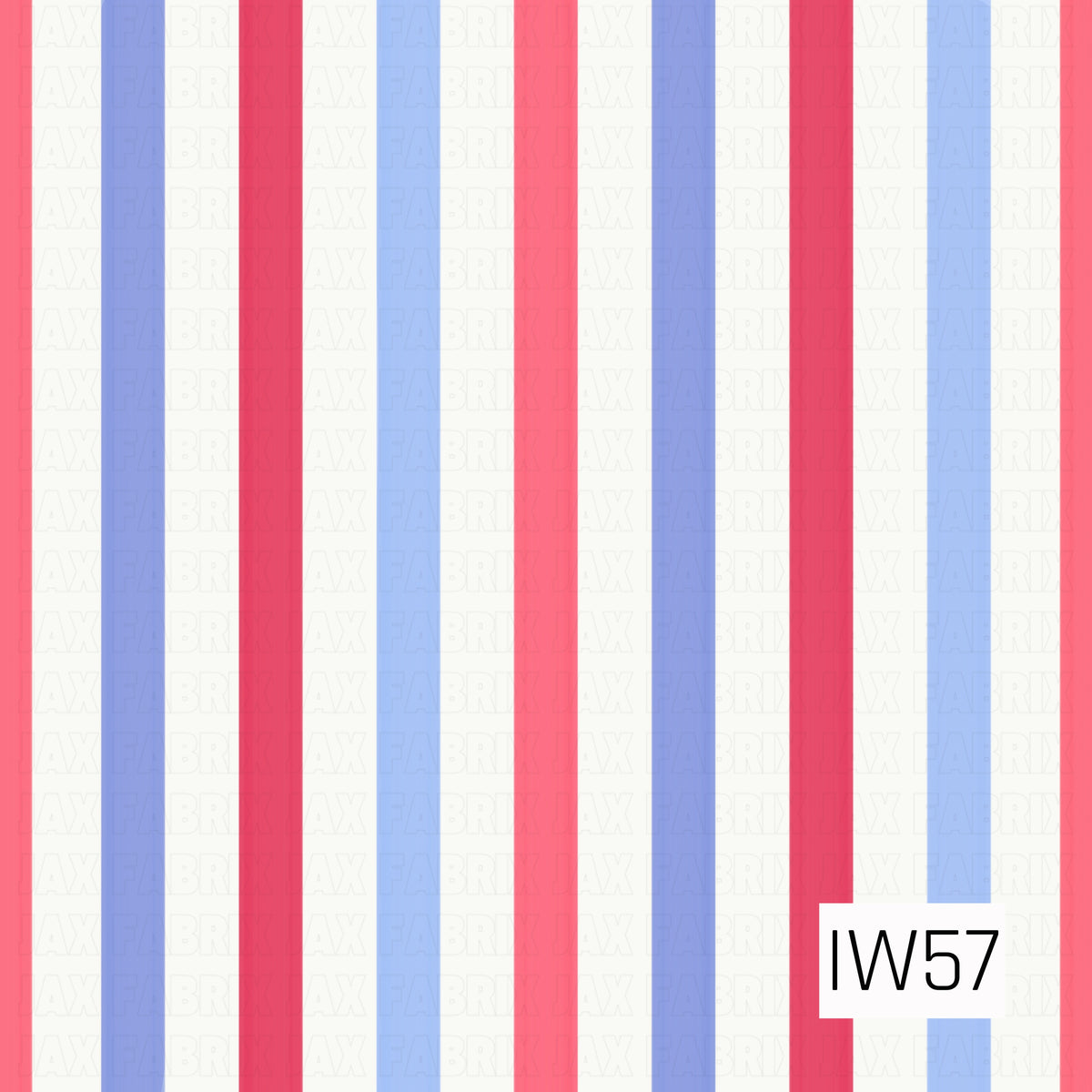 A bright and playful vertical stripe pattern featuring alternating bands of vibrant coral pink, raspberry red, soft periwinkle, and light blue against a crisp white background. The evenly spaced stripes create a bold, cheerful design with a sweet, retro-inspired cabana feel.
