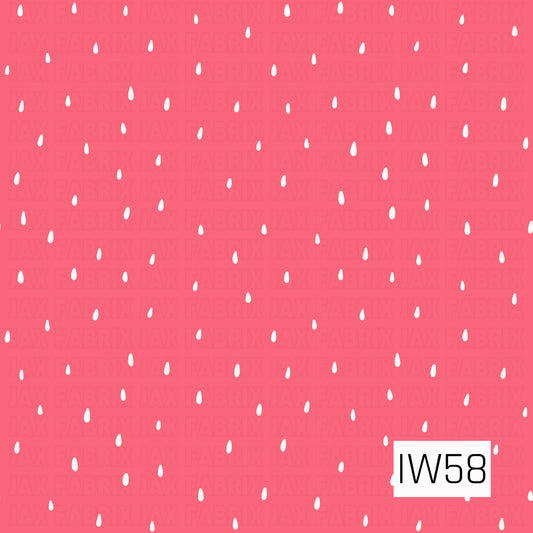 A bright strawberry pink background sprinkled with tiny white teardrop-shaped seeds in a scattered, repeating pattern. The simple design creates a sweet, playful strawberry-inspired look with a fresh and cheerful feel.