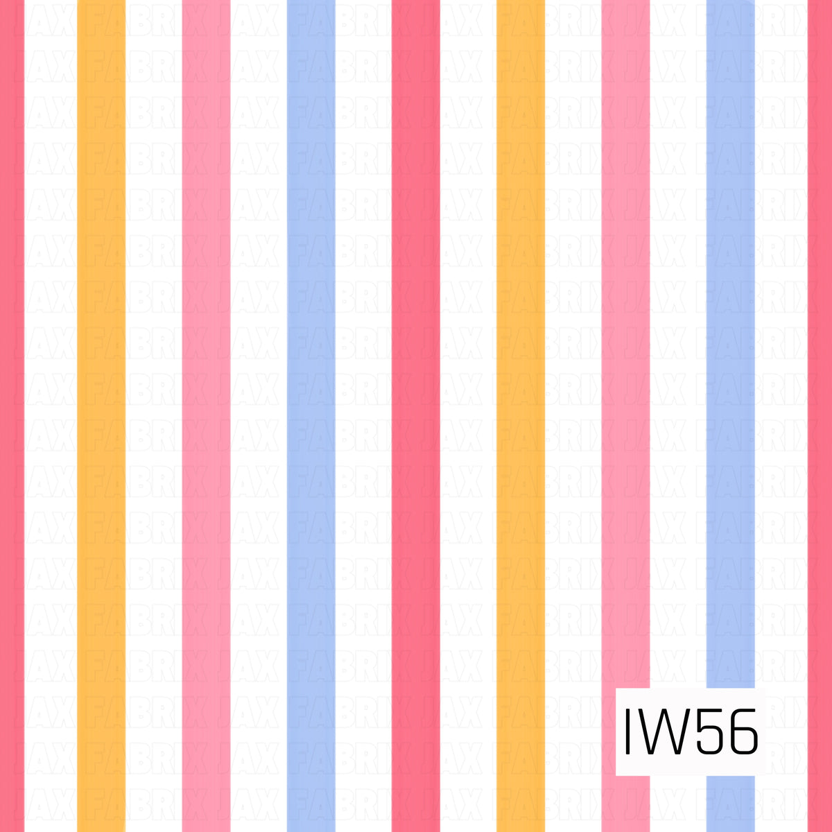 A bright and cheerful vertical stripe pattern featuring evenly spaced bands of coral pink, golden yellow, bubblegum pink, and soft periwinkle blue against a crisp white background. The clean, repeating stripes create a playful, retro-inspired design with a sweet and colorful feel.
