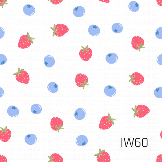 A sweet and playful berry pattern featuring scattered bright pink strawberries with delicate white seeds and soft olive green leaves, mixed with round periwinkle blue blueberries accented by darker blue details and subtle white highlights. The berries are arranged in a whimsical tossed layout against a crisp white background, creating a fresh, cheerful design with a charming cottagecore feel.