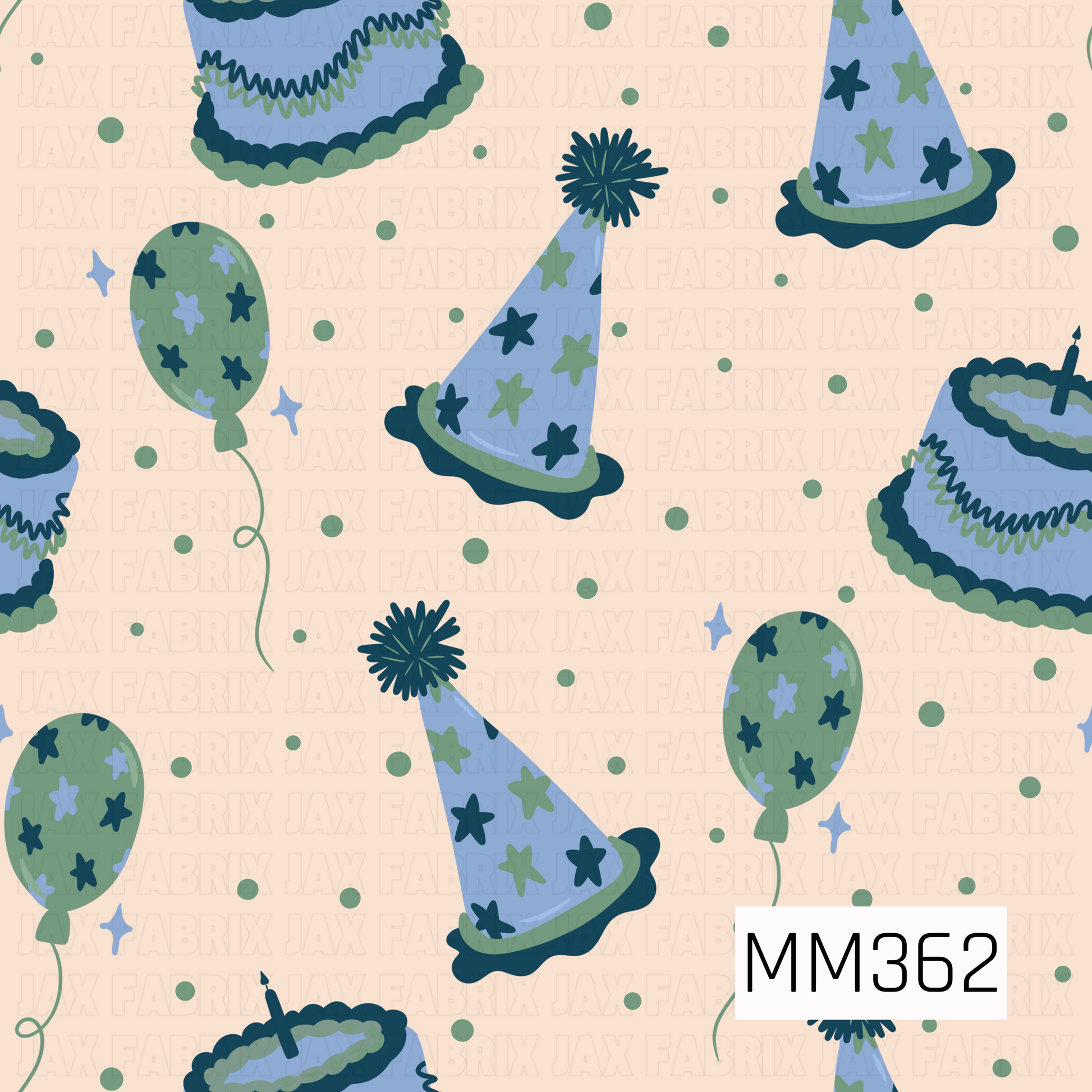 A repeating party-themed pattern on a light beige background, featuring blue and green party hats, balloons, cakes, stars, and dots.