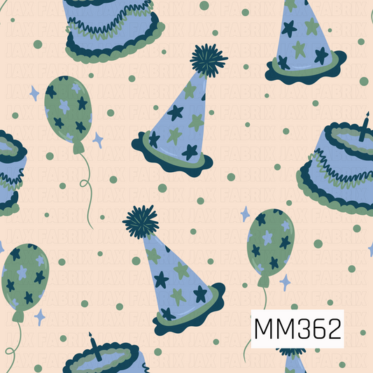 A repeating party-themed pattern on a light beige background, featuring blue and green party hats, balloons, cakes, stars, and dots.