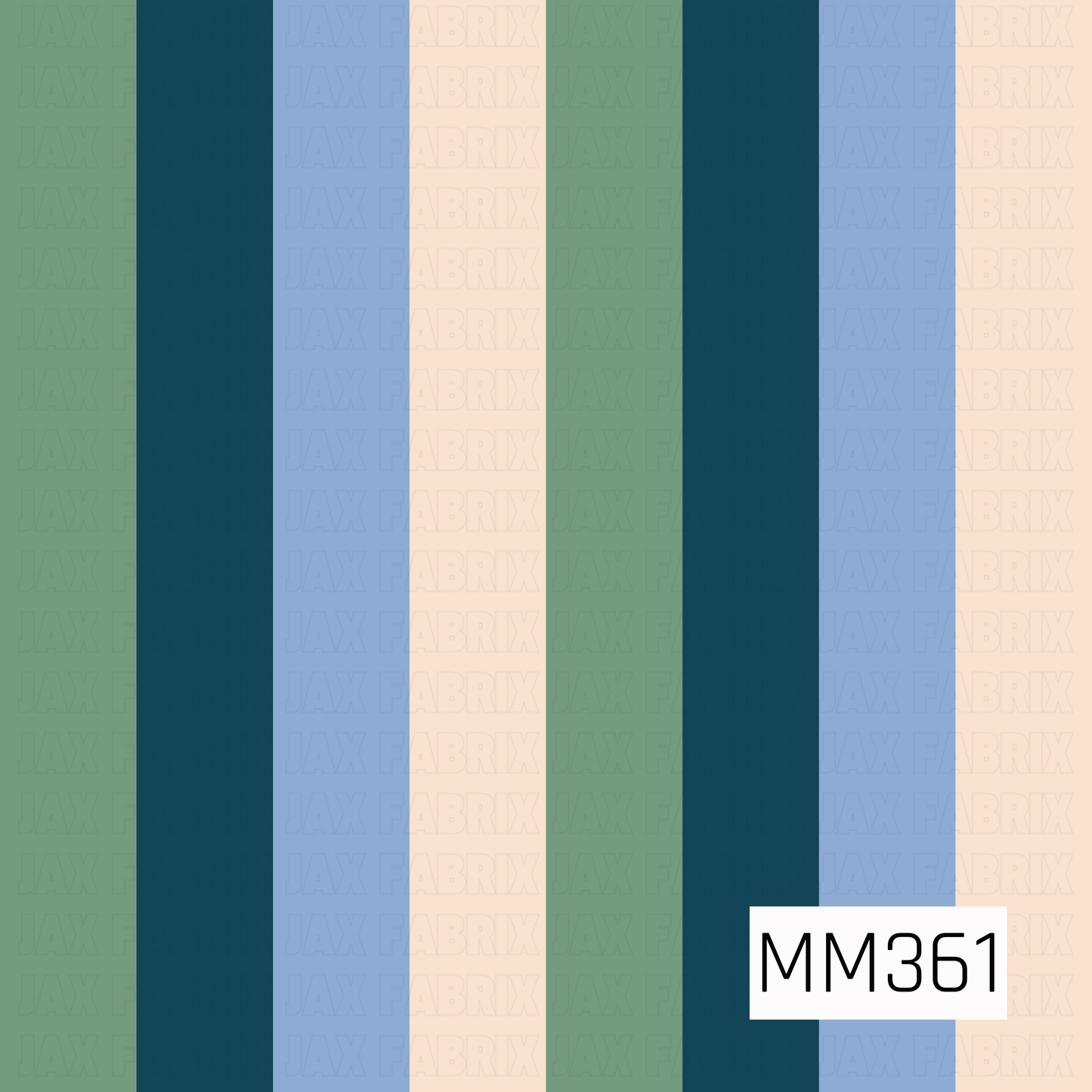 A vertical striped color swatch pattern with alternating bands of sage green, dark teal, light blue, cream, and dark teal