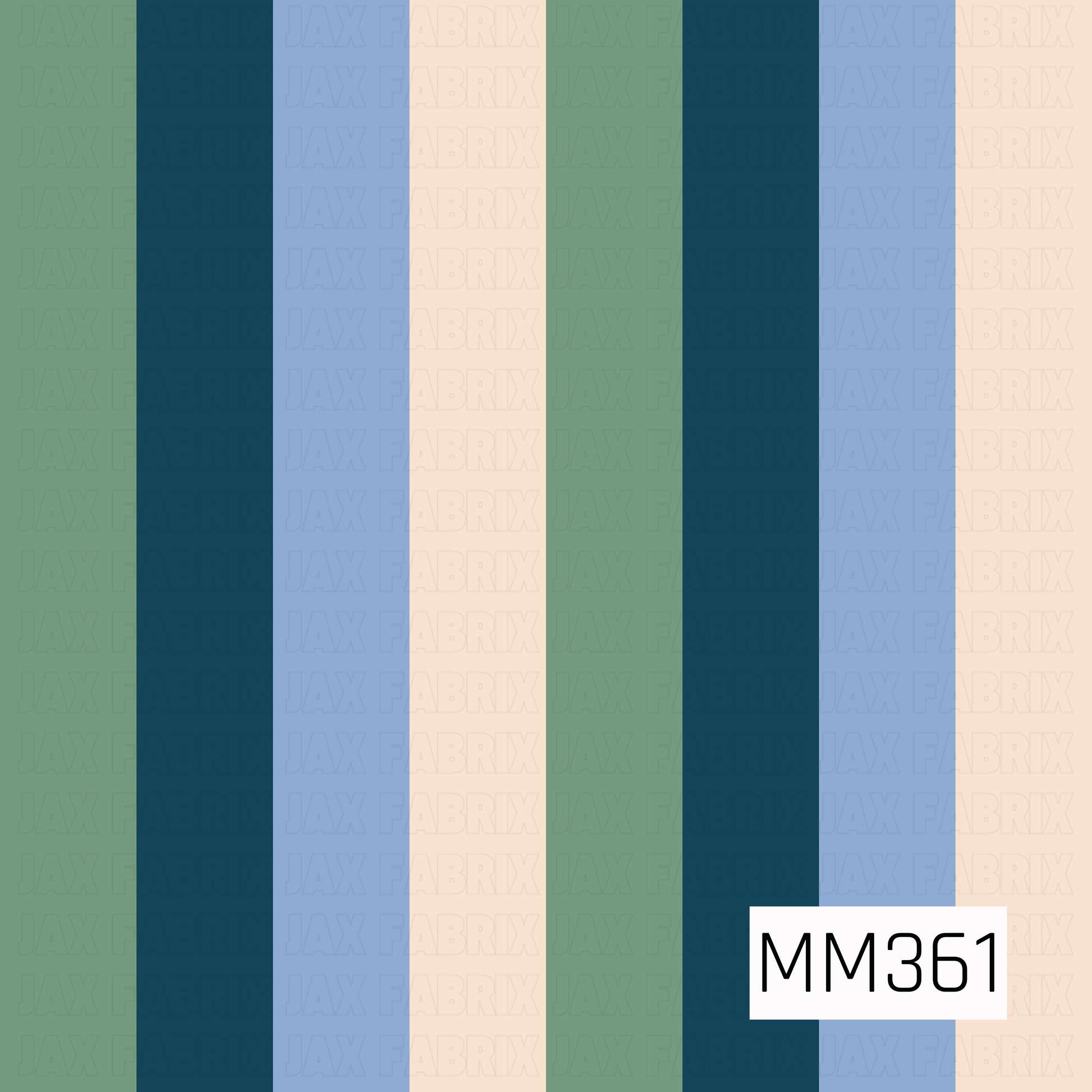 A vertical striped color swatch pattern with alternating bands of sage green, dark teal, light blue, cream, and dark teal