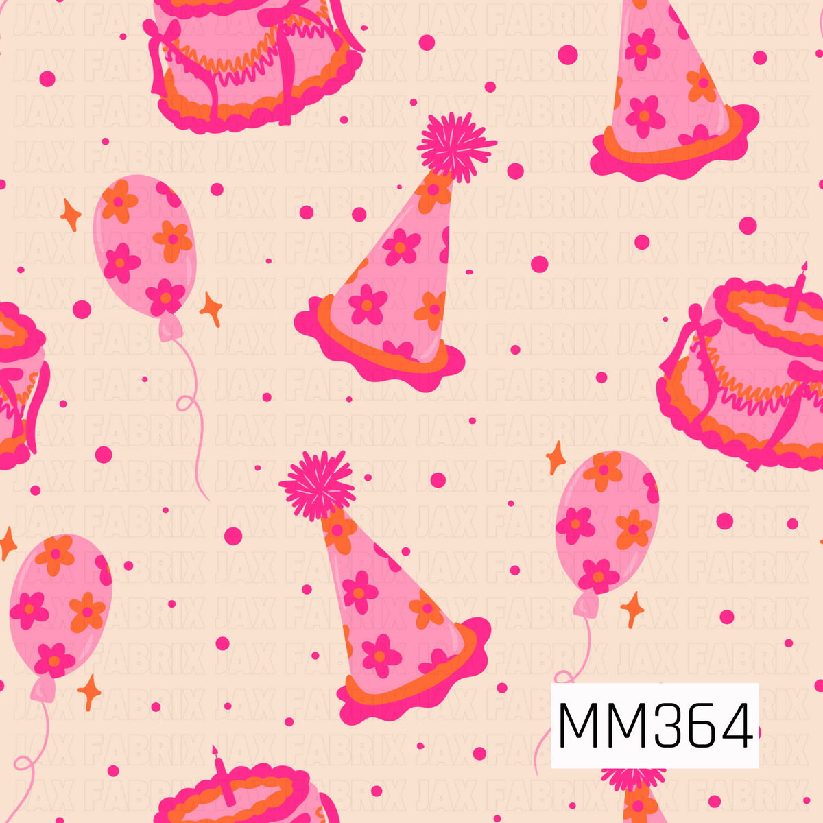 A repeating party-themed pattern on a warm cream background, featuring pink and orange birthday hats, balloons, stars, and cake slices. 