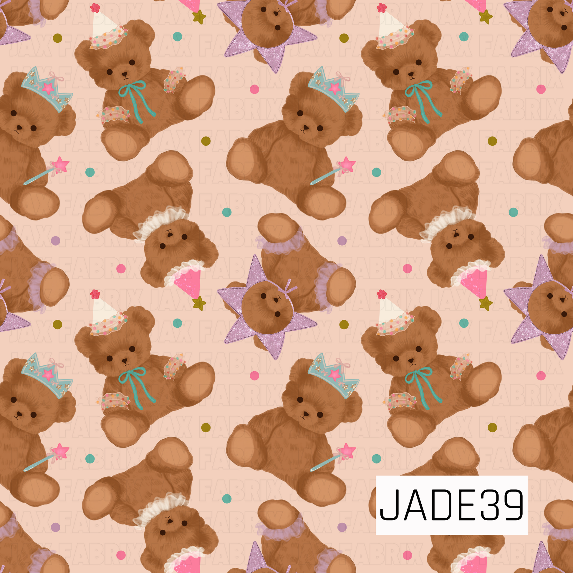 A sweet seamless pattern featuring cuddly teddy bears dressed for a magical birthday celebration. Adorned with crowns, party hats, tutus, fairy wands, and colorful confetti on a soft peach background, this playful design is full of whimsical charm and festive fun.
