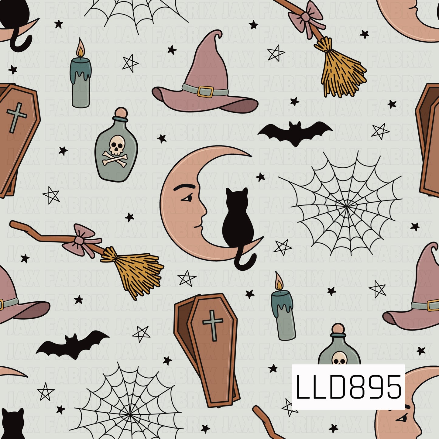 A whimsical witchy Halloween design featuring crescent moons with black cats, dusty pink witch hats, broomsticks tied with bows, spiderwebs, bats, potion bottles, candles, and coffins. Scattered stars fill the soft gray background, with muted peach, mauve, sage, mustard, and black tones creating a vintage-inspired spooky feel.
