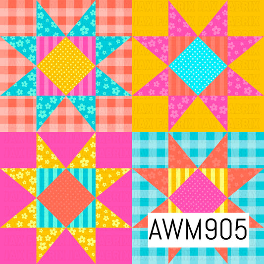 Bright and cheerful patchwork quilt seamless pattern featuring traditional star quilt blocks in vibrant shades of turquoise, coral, hot pink, and sunshine yellow. Accented with gingham checks, floral prints, stripes, and polka dots, this colorful geometric design blends vintage quilting charm with a playful farmhouse aesthetic, creating a fun and eye-catching repeating pattern perfect for spring and summer projects.