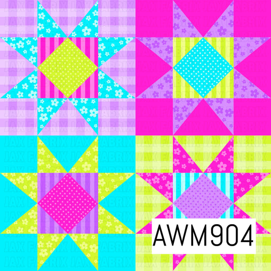 Bright and playful patchwork quilt seamless pattern featuring classic star quilt blocks in vibrant shades of hot pink, turquoise, lime green, and lavender. Adorned with floral prints, polka dots, and striped textures, this cheerful geometric design combines vintage quilting charm with bold modern colors, creating a fun and eye-catching repeating pattern perfect for spring, summer, and farmhouse-inspired projects.