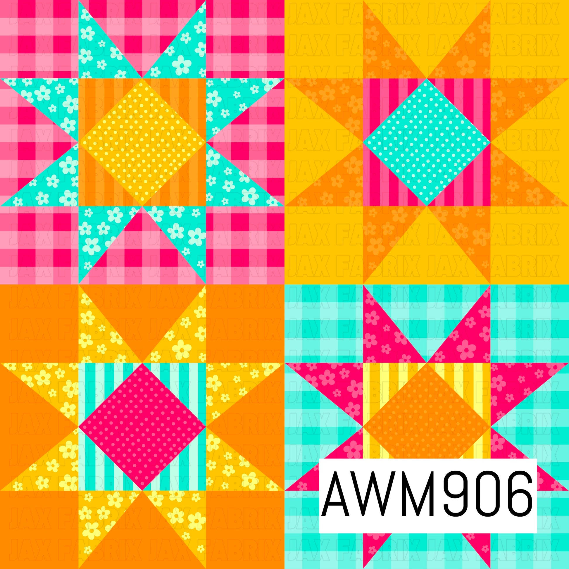 Bright and cheerful patchwork quilt seamless pattern featuring classic star quilt blocks in vibrant shades of hot pink, turquoise, orange, and sunshine yellow. Decorated with floral prints, gingham checks, stripes, and polka dots, this colorful geometric design blends vintage quilt charm with a playful modern farmhouse aesthetic, creating a fun and eye-catching repeating pattern.