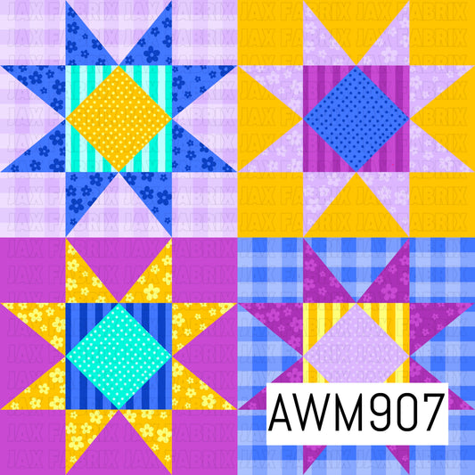Bright and cheerful patchwork quilt seamless pattern featuring classic star quilt blocks in vibrant shades of yellow, royal blue, turquoise, lavender, and magenta. Each geometric block is decorated with playful florals, polka dots, gingham checks, and striped textures, creating a colorful farmhouse-inspired design with a charming handmade quilt aesthetic in a repeating pattern.