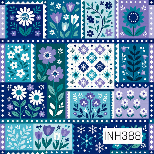 A charming patchwork pattern featuring whimsical floral blocks, delicate leaves, and geometric snowflake motifs in shades of navy, teal, aqua, lavender, and white. Framed with dotted and scalloped borders, each quilt-inspired square adds a cozy handcrafted feel, creating a fresh blend of winter charm and Scandinavian-inspired folk art.
