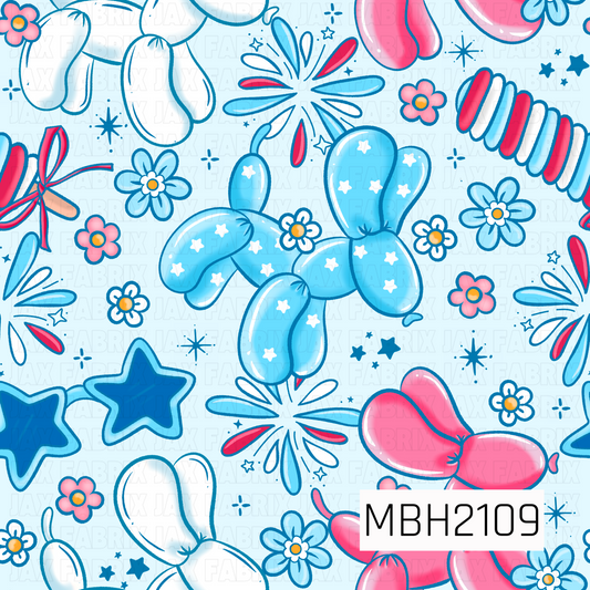 Colorful red white and blue  pattern of balloon dogs, fireworks, red white and blue candy pops ,flowers, and fireworks on a blue background. 4th of July pattern 