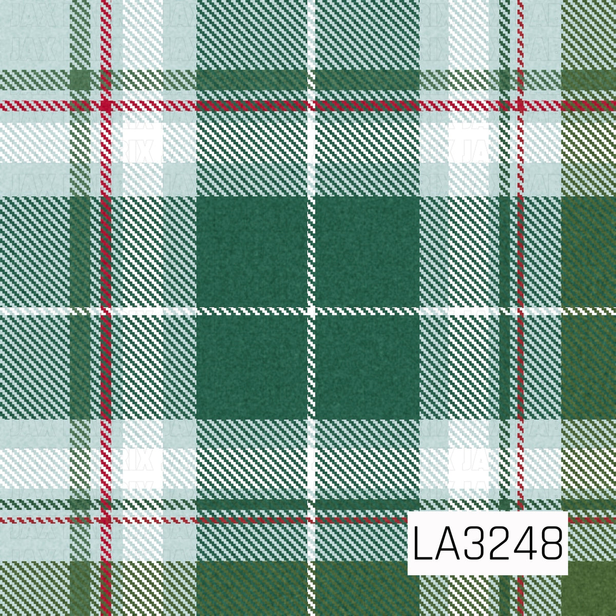 A classic holiday plaid featuring rich evergreen and blue spruce tones mixed with icy blue, soft white, and muted olive. Thin red accent stripes add a festive pop, while the textured tartan style gives it a cozy Christmas feel.
