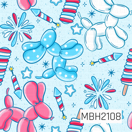 Colorful red white and blue  pattern of balloon dogs, fireworks, and red white and blue candy pops on a blue background with fireworks. 4th of July pattern 