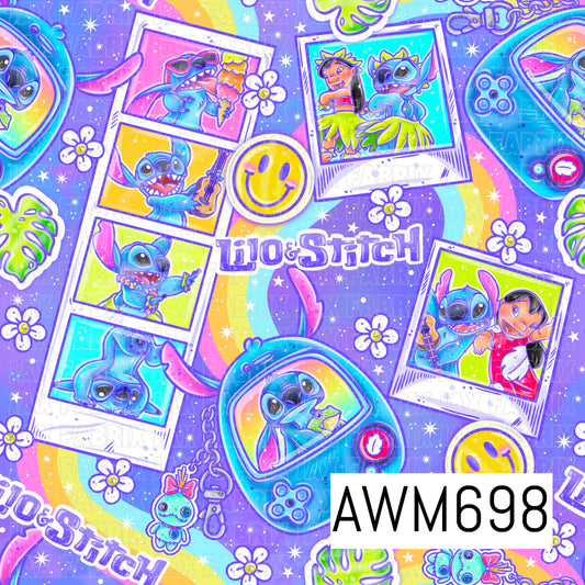 A vibrant tropical seamless design featuring a playful blue alien and island girl in colorful Polaroid-style snapshots, mixed with rainbow swirls, smiley faces, tropical flowers, leaves, and fun accessories. Bright aqua, pink, lime, yellow, and turquoise tones pop against a soft purple background with scattered white stars and sparkles.