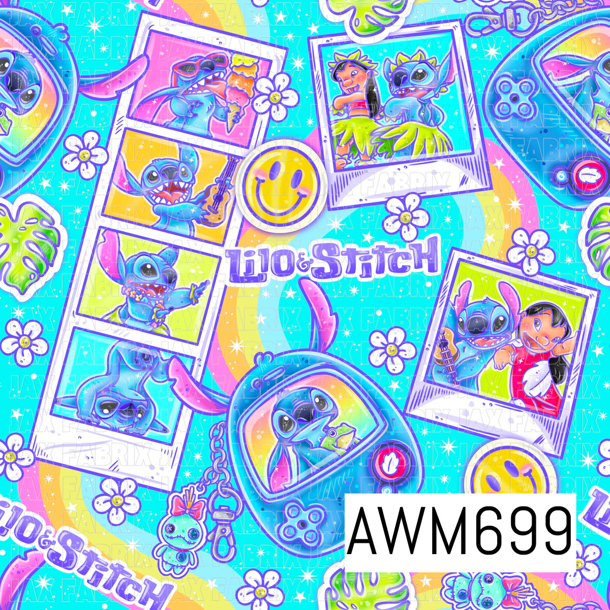 A bright tropical seamless design featuring a playful blue alien and island girl in colorful Polaroid-style snapshots, mixed with rainbow waves, smiley faces, tropical flowers, leaves, and fun accessories. Vibrant aqua, pink, lime, yellow, and purple pop against a bright turquoise background.