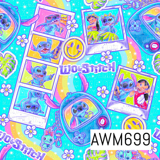 A bright tropical seamless design featuring a playful blue alien and island girl in colorful Polaroid-style snapshots, mixed with rainbow waves, smiley faces, tropical flowers, leaves, and fun accessories. Vibrant aqua, pink, lime, yellow, and purple pop against a bright turquoise background.