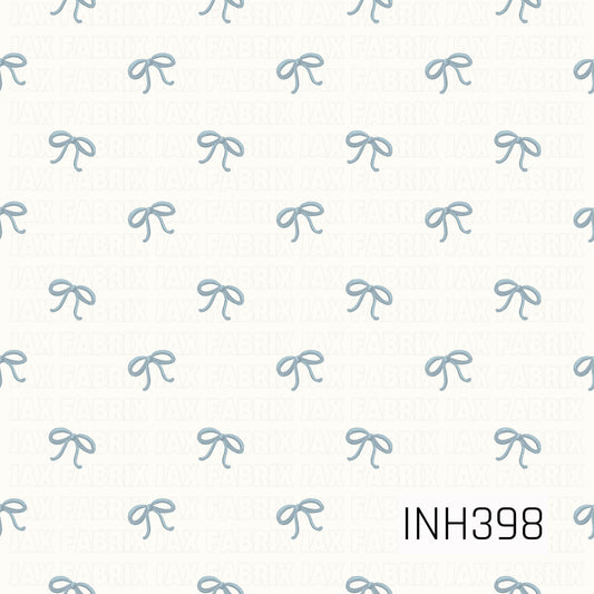 A delicate repeating pattern of dusty blue ribbon bows scattered across a soft ivory background, creating a sweet and minimalist coquette look.
