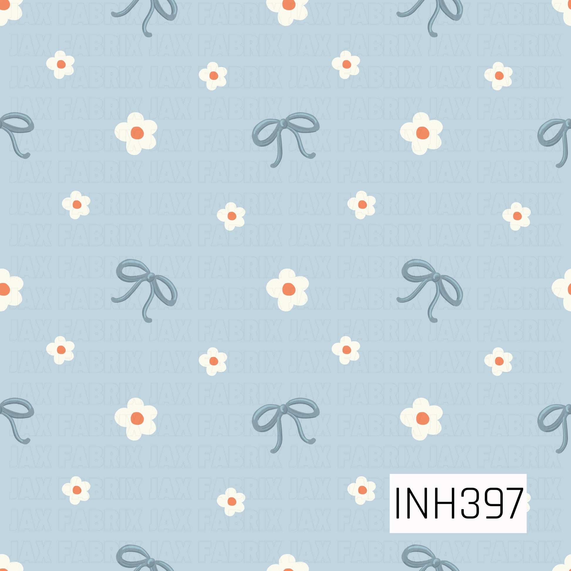 A sweet, airy pattern featuring dusty blue bows and scattered white flowers with coral centers on a soft powder-blue background.
