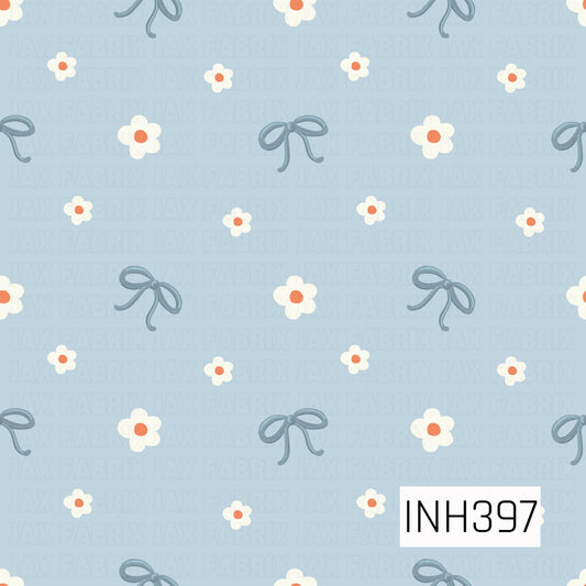 A sweet, airy pattern featuring dusty blue bows and scattered white flowers with coral centers on a soft powder-blue background.
