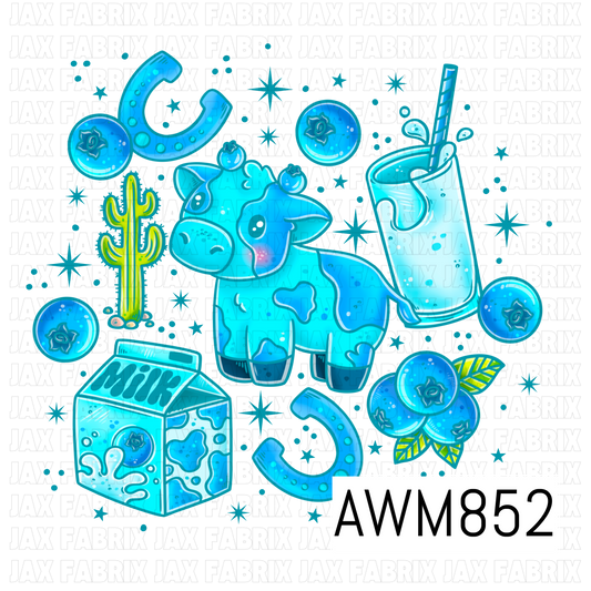 A coordinating PNG clipart set featuring an adorable blue cow, milk carton, milk glass with straw, blueberries, horseshoes, cacti, and western-inspired starbursts. Designed in vibrant shades of aqua, teal, and blue with glossy highlights and playful details, this transparent-background collection is perfect for farm, western, dairy, and blueberry-themed projects.