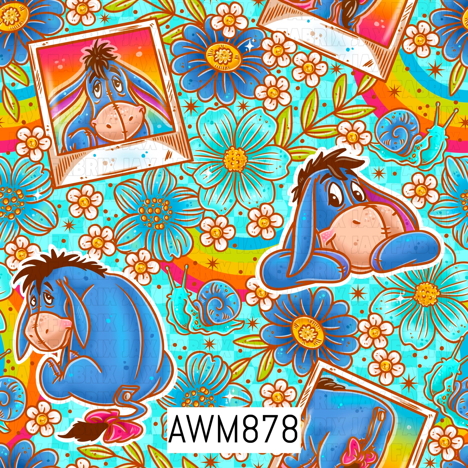 A whimsical blue donkey-themed seamless pattern featuring a lovable melancholy donkey surrounded by vibrant blue flowers, tiny white blossoms, colorful rainbow accents, snails, and sparkling starbursts. Set against a bright aqua checkered background, this cheerful design combines floral garden elements and rainbow details for a playful, storybook-inspired look full of charm and color.