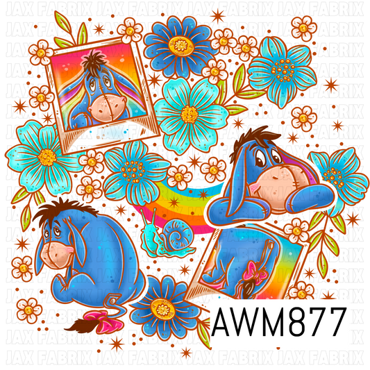 A whimsical blue donkey-themed PNG clipart set featuring multiple poses of a sweet, melancholy donkey surrounded by vibrant blue flowers, tiny white blossoms, a colorful rainbow, and a cheerful blue snail. The collection includes rainbow-framed portrait elements, floral accents, and scattered orange starbursts, all outlined in bold white for easy layering on custom projects. Perfect for creating seamless patterns, fabric designs, bows, stickers, tumblers, and scrapbook crafts.