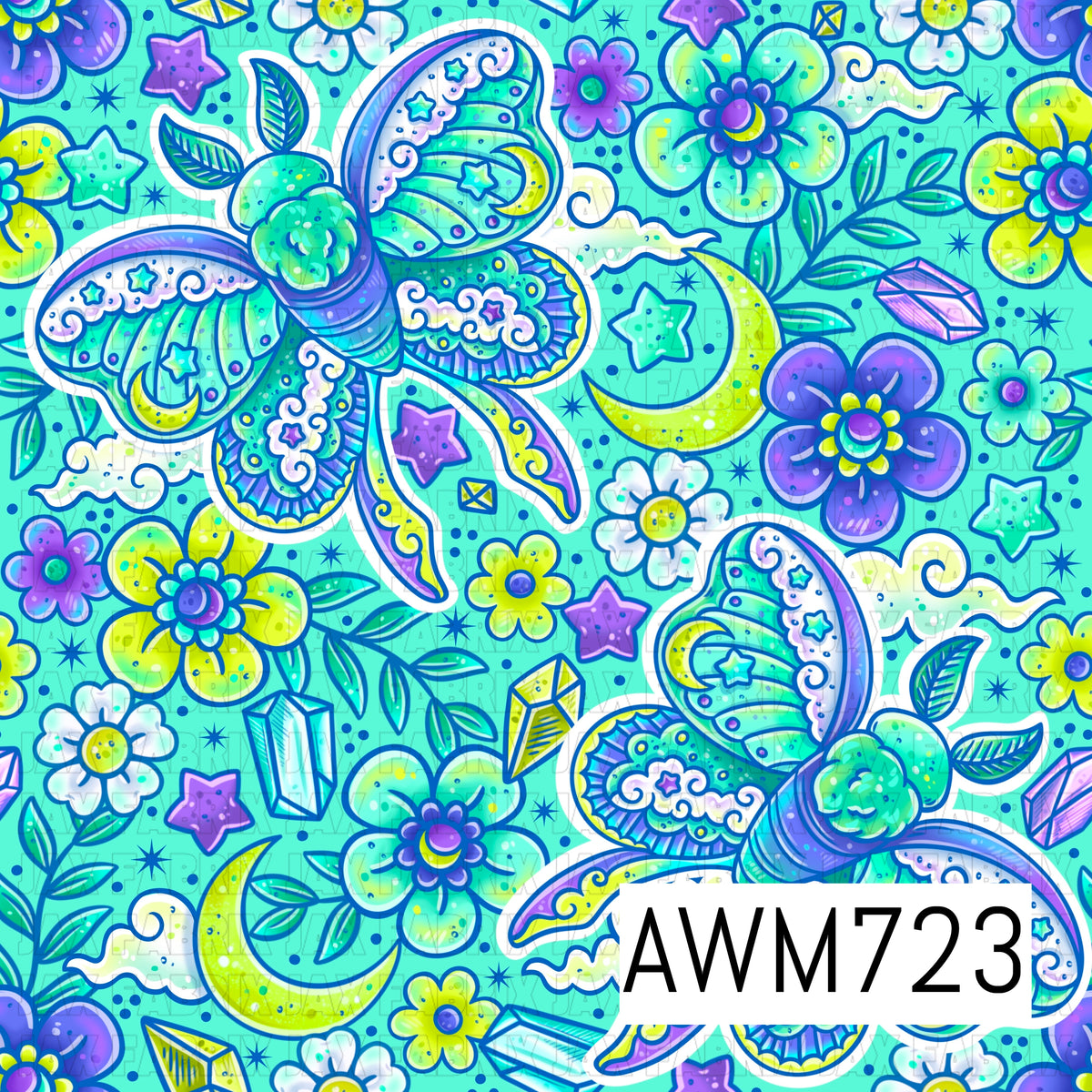 Celestial Luna Moth Seamless Pattern featuring enchanting luna moths with moon and star details, crescent moons, sparkling crystals, whimsical clouds, twinkling stars, and vibrant florals in dreamy shades of teal, aqua, lime, and purple. This magical celestial design is perfect for fabric, bows, apparel, tumblers, and whimsical handmade craft projects.
