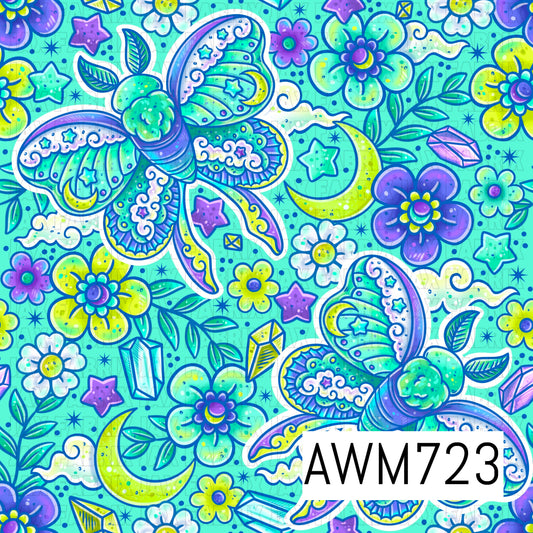 Celestial Luna Moth Seamless Pattern featuring enchanting luna moths with moon and star details, crescent moons, sparkling crystals, whimsical clouds, twinkling stars, and vibrant florals in dreamy shades of teal, aqua, lime, and purple. This magical celestial design is perfect for fabric, bows, apparel, tumblers, and whimsical handmade craft projects.
